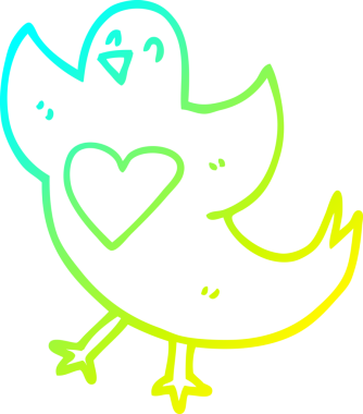 Bir insan tarafından çizilmiş kalbi olan çizgi film kuşunun soğuk gradyan çizgisi.