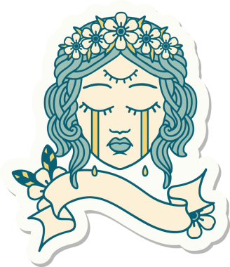 Dövme stili çıkartma, üçüncü gözlü kadın yüzü ve bir insan tarafından çizilmiş çiçek taçlandırılmış.