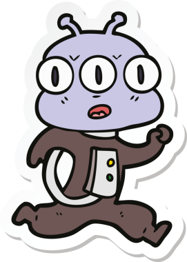 Çizgi film çıkartması. Bir insan tarafından çizilmiş üç gözlü uzaylı.