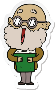 Bir insan tarafından çizilmiş sakallı ve kitaplı neşeli bir adamın çıkartması.