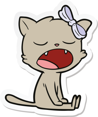 Bir insan tarafından çizilmiş esneyen bir kedinin çıkartması.