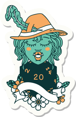 Bir insan tarafından çizilmiş 20 zarlı şarkı söyleyen yarı ork bir karakterin çıkartması.