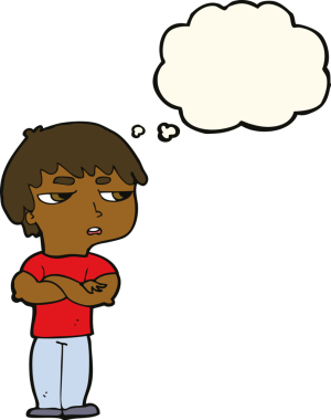 Bir insan tarafından çizilen düşünce baloncuğuyla sinirlenmiş bir çocuk.