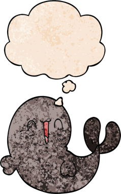 Bir insan tarafından çizilmiş grunge desenli düşünce baloncuğu olan sevimli bir çizgi film balinası.