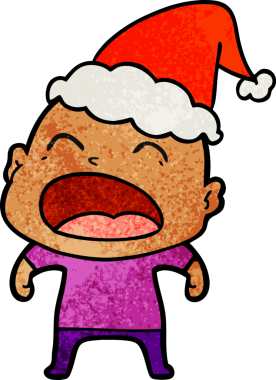 Bir insan tarafından çizilmiş Noel Baba şapkası giymiş bağıran kel bir adamın el çizimi karikatürü.