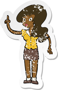 Bir insan tarafından çizilmiş, karikatürlü, kederli, güzel bir kadının retro yapıştırması.