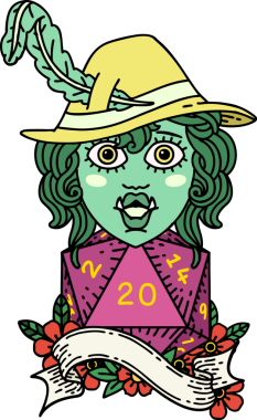 Retro Dövme Tarzı Şarkı Söyleyen Yarı Ork Ozan Bir insan tarafından çizilmiş doğal yirmi zar ile