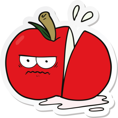 Bir insan tarafından çizilmiş kızgın, dilimlenmiş bir elmanın çıkartması.