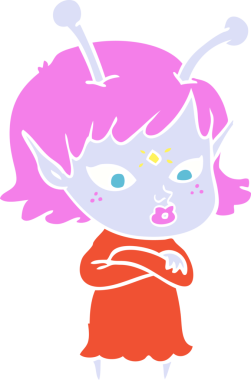 Bir insan tarafından çizilmiş düz renk çizgi film uzaylı kızı.