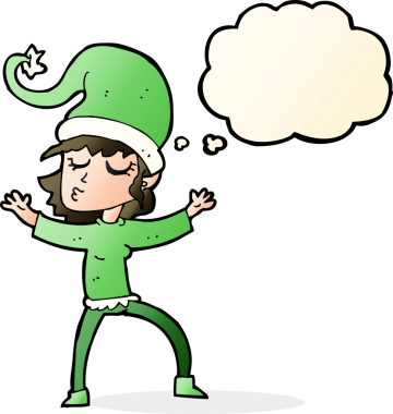 Noel Baba 'nın insan tarafından çizilmiş düşünce balonlu yardımcı karikatürü.