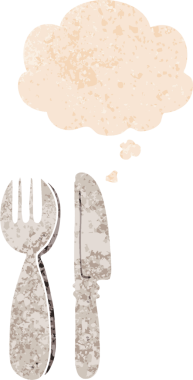 Düşünce baloncuklu çatal ve bıçak bir insan tarafından çizilmiş dertli retro stil.