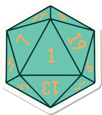 Bir insan tarafından çizilmiş doğal 1 D20 zar etiketi.