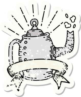 Dövme stili eski bir çıkartma. Bir insan tarafından çizilmiş eski bir kahve demliği.