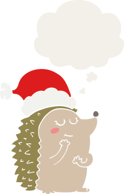 Düşünce baloncuklu Noel şapkası takan bir insan tarafından çizilmiş çizgi film kirpisi.