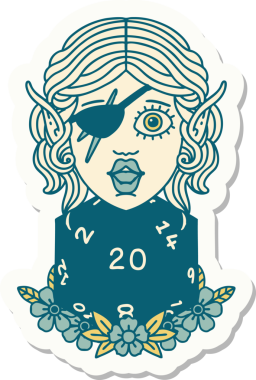 Bir insan tarafından çizilmiş doğal yirmi zarlı düzenbaz bir elf karakterinin çıkartması.