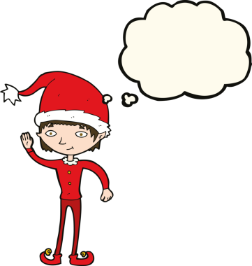 Bir insan tarafından çizilmiş düşünce baloncuğuyla Noel elfini sallayan çizgi film.