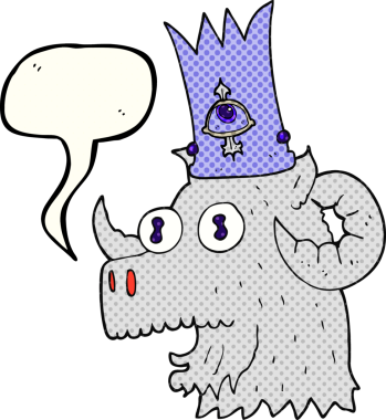 El yazısıyla çizilmiş çizgi roman konuşma balonu çizgi film koçu kafası ve bir insan tarafından çizilmiş sihirli taç.