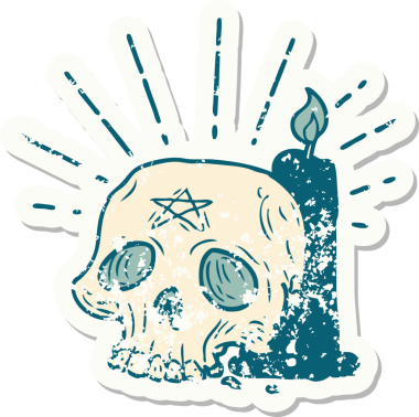 Bir insan tarafından çizilmiş eski dövme stili ürkütücü kafatası ve mum.