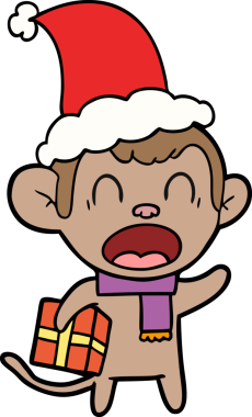 Bir insan tarafından çizilmiş Noel Baba şapkası giyen bir maymunun el çizimi.