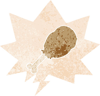 çizgi film tavuk bacağı ve grunge içinde konuşma balonu bir insan tarafından çizilmiş tedirgin geçmiş dokular