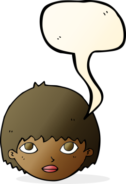 Bir insan tarafından çizilmiş konuşma balonuyla bakan çizgi film kızı.