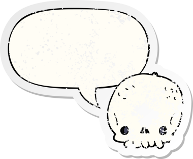 Konuşma baloncuğu olan bir kafatası, bir insan tarafından çizilmiş sıkıntılı eski bir çıkartma.