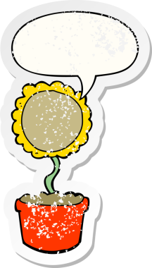 Konuşma baloncuğu olan sevimli bir karikatür çiçek bir insan tarafından çizilmiş sıkıntılı eski bir çıkartma