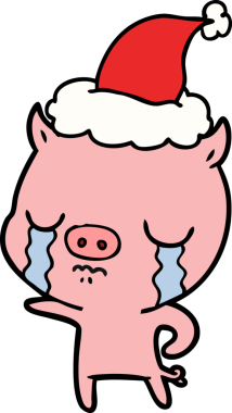 Bir insan tarafından çizilmiş Noel Baba şapkasıyla ağlayan bir domuzun el çizimi.