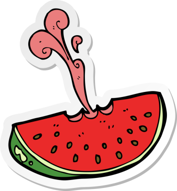 Bir insan tarafından çizilmiş karpuz fışkırtan bir çizgi film etiketi.