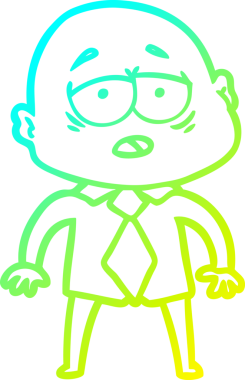 Bir insan tarafından çizilmiş, gömlekli ve kravatlı, yorgun, kel bir adamın çizgi çizimi.