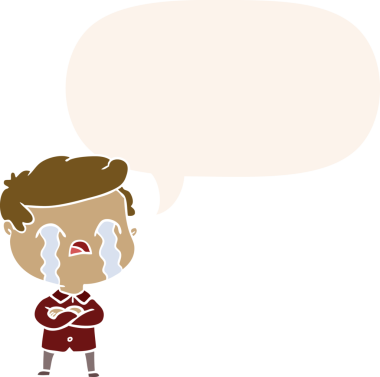 Bir insan tarafından çizilmiş eski usul bir konuşma balonuyla ağlayan çizgi film adamı.