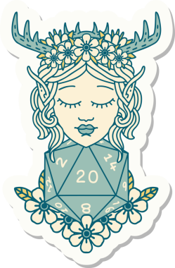 Bir insan tarafından çizilmiş nautral yirmilik zarlı bir Elf Druid karakterinin çıkartması.