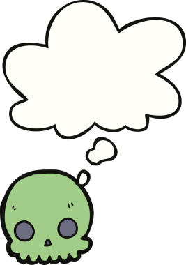 Bir insan tarafından çizilmiş düşünce baloncuklu bir kafatası.