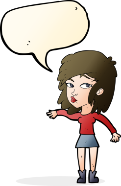 Bir insan tarafından çizilen konuşma baloncuğuyla serinkanlı davranan çizgi film kadını.