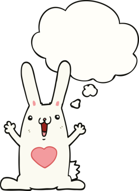 Bir insan tarafından çizilmiş düşünce baloncuğuna aşık çizgi film tavşanı