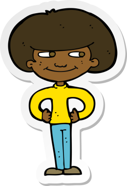 Bir insan tarafından çizilmiş kalçasında elleri olan bir çizgi film çocuğunun çıkartması.