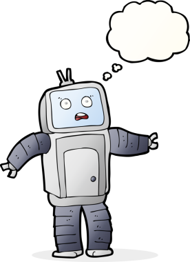 Bir insan tarafından çizilmiş düşünce baloncuklu komik robot.