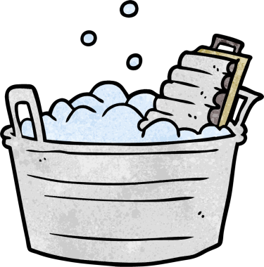 Bir insan tarafından çizilmiş eski bir çamaşır yıkama tahtası ve kova.