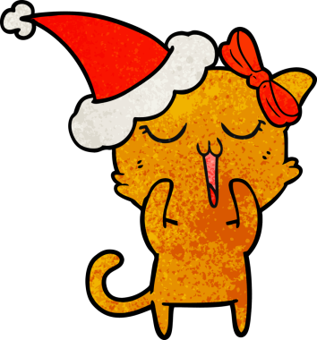 Bir insan tarafından çizilmiş Noel Baba şapkası takan bir kedinin el çizimi karikatürü.