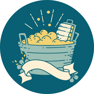 Dövme stili eski bir çamaşır tahtası ve bir insan tarafından çizilmiş bir kase.