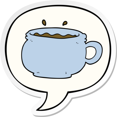 Bir insan tarafından çizilmiş konuşma balonu çıkartmalı bir fincan sıcak kahve.