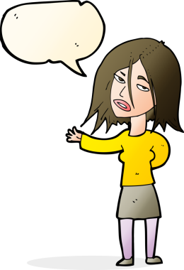 Bir insan tarafından çizilmiş konuşma balonu olan mutsuz bir kadın çizgi filmi.