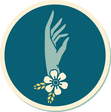 Bir insan tarafından çizilmiş geleneksel el ve çiçek stili dövme çıkartması.