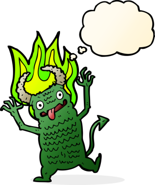 Bir insan tarafından çizilmiş düşünce kabarcığı olan çizgi film iblisi.