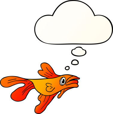 Düşünce baloncuğu olan, bir insan tarafından çizilmiş karikatür dövüşü balığı.