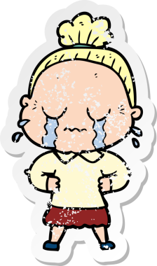 Bir insan tarafından çizilmiş, ağlayan yaşlı bir kadın karikatürü.