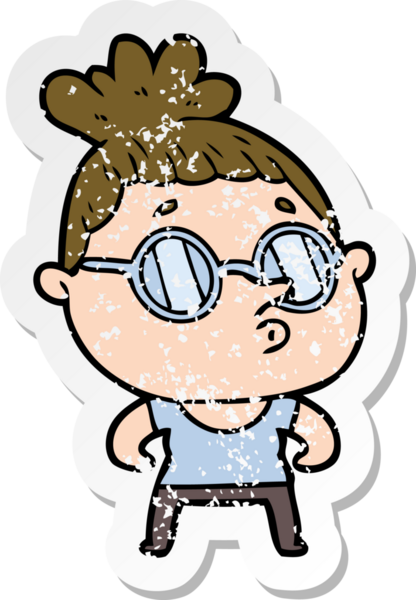 Bir insan tarafından çizilmiş gözlük takan karikatürlü bir kadının sıkıntılı çıkartması.