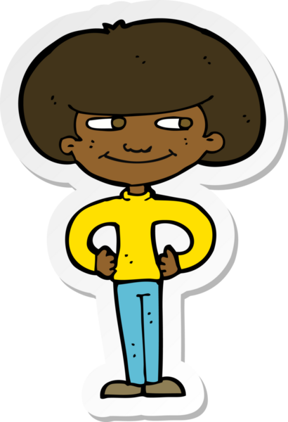 Bir insan tarafından çizilmiş kalçasında elleri olan bir çizgi film çocuğunun çıkartması.