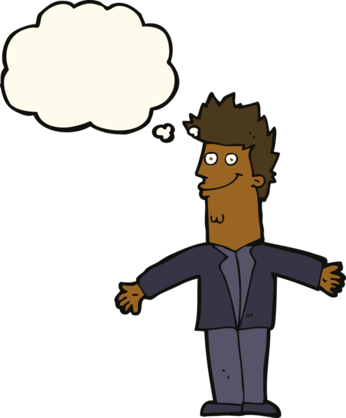 Bir insan tarafından çizilmiş düşünce baloncuğuyla kollarını açmış mutlu bir adam çizgi filmi.