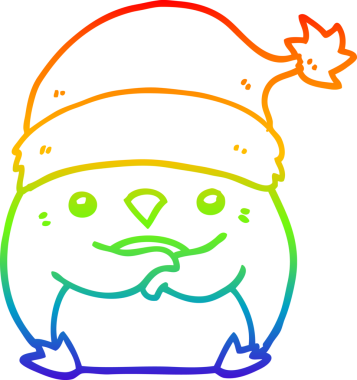 Gökkuşağı gradyan çizgisi bir insan tarafından çizilmiş Noel şapkası takan sevimli bir penguen çizimi